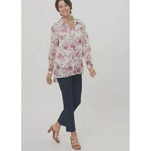 Susan Graver Regular Printed Woven Button Front Shirt Womens XXS Rose Blush NEW
